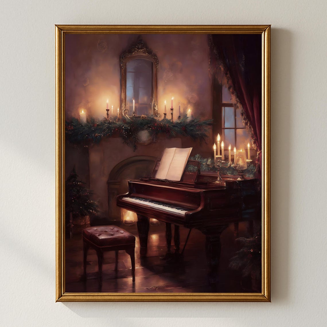 Christmas Grand Piano Candlelight Garland Elegant Holiday Wall Art