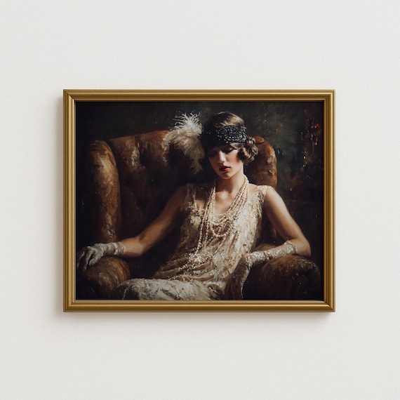 1920s Flapper Show Girl Wall Art Vintage Glamour Portrait With Pearls And Feather Headband Roaring Twenties Deco Painting
