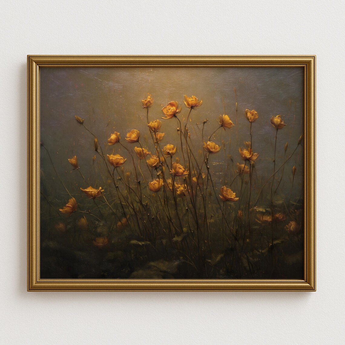 Golden Wildflowers At Dusk Dark Moody Field Oil Painting Art Poster