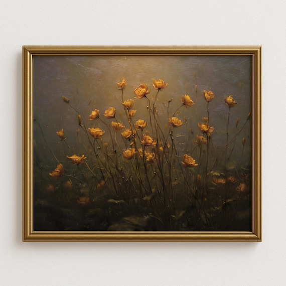 Rustic Autumn Floral Wall Art Yellow Wildflowers In Field Landscape Cozy Country Cottage Fall Decor