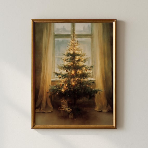 Lit Christmas Tree Glowing By Bright Window Vintage Holiday Poster