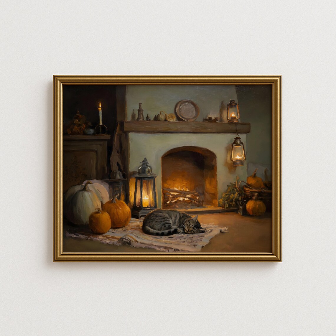 Rustic Autumn Art Print, Cozy Fireplace Farmhouse Fall Decor