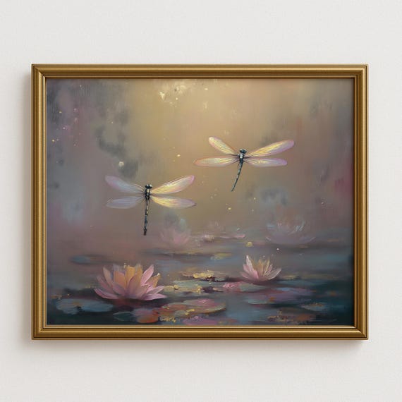 Dragon Flies Over Pond Wall Art Dreamy Watercolor Fantasy Painting Whimsical For Nature Lovers