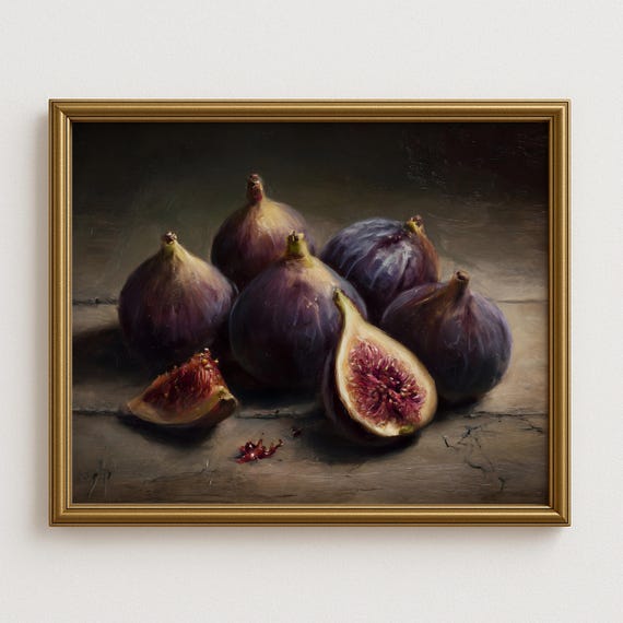 Rustic Fig Still Life Wall Art Dark Moody Kitchen Painting Farmhouse Dining Room Vintage Fruit Foodie Decor