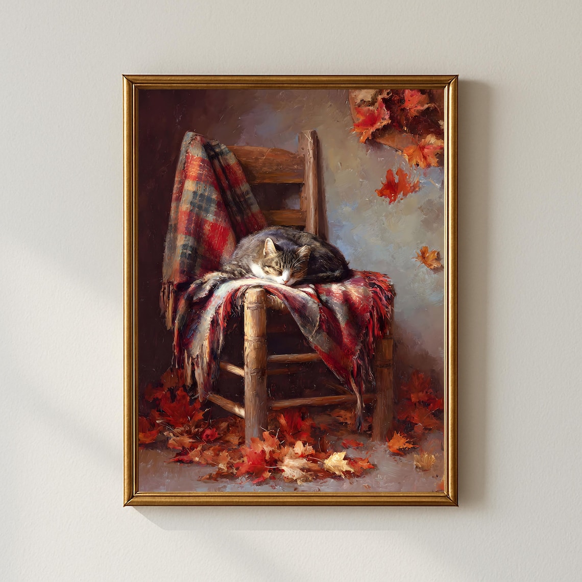 Sleeping Tabby Cat Ladder Chair Red Plaid Blanket Autumn Leaves Art Poster