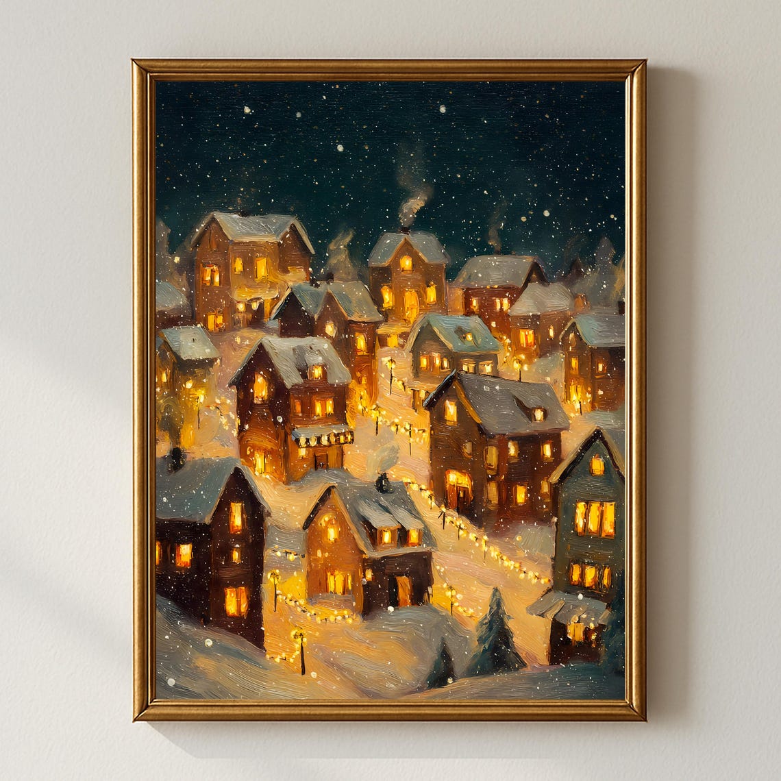 Snowy Village At Night Glowing Windows String Lights Winter Poster
