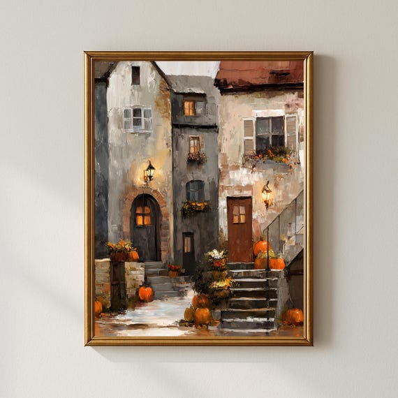 Rustic Autumn Street Wall Art Pumpkin Village Print Cozy Fall Home Decor