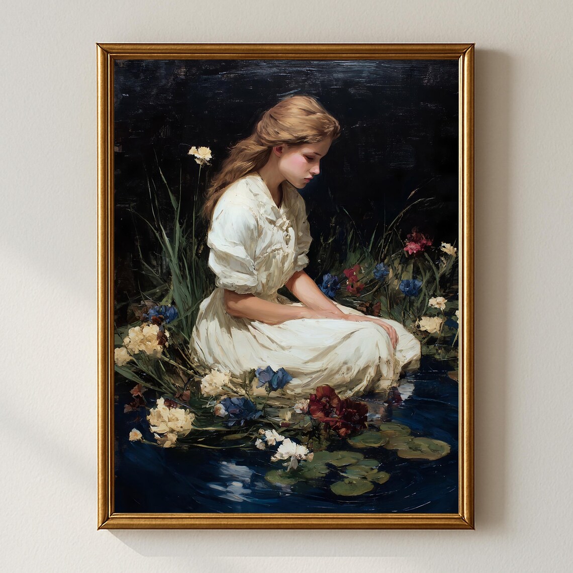 Young Woman In White Dress Among Flowers By Dark Pond Poster