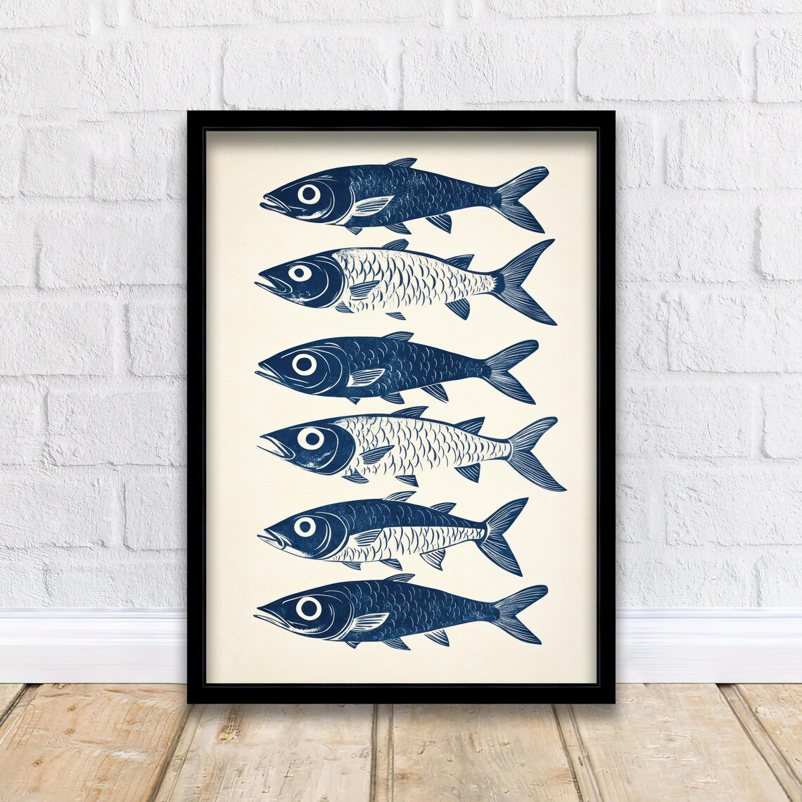 Six Navy Blue Fish Linocut Style Minimalist Coastal Art Poster