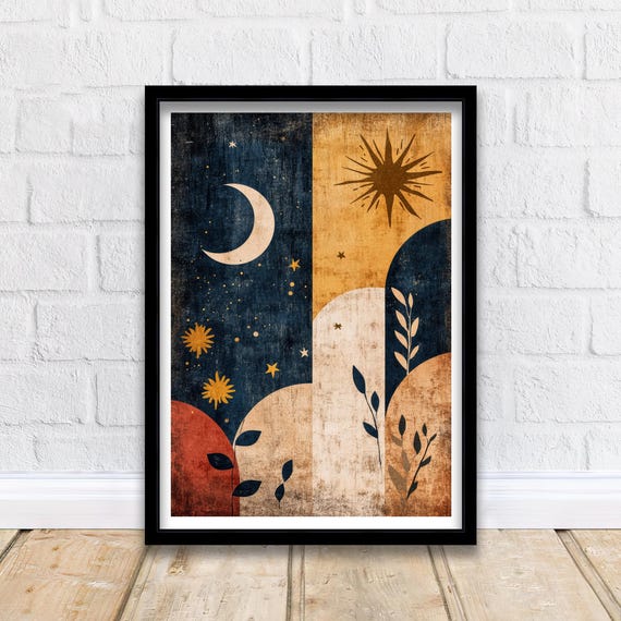 Celestial Boho Print Mystical Moon And Stars Wall Art Modern Cosmic Poster For Living Room Bedroom Or Gallery Ethereal Bohemian Dcor