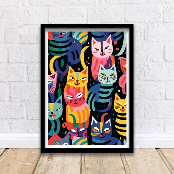 Colorful Pop Art Cat Faces in Bold Modern Feline Style Poster