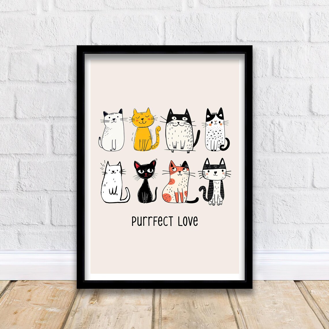 Purrfect Love Eight Cute Doodle Cats Minimalist Funny Feline Poster