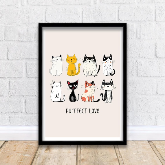Purrfect Love Eight Cute Doodle Cats Minimalist Funny Feline Poster