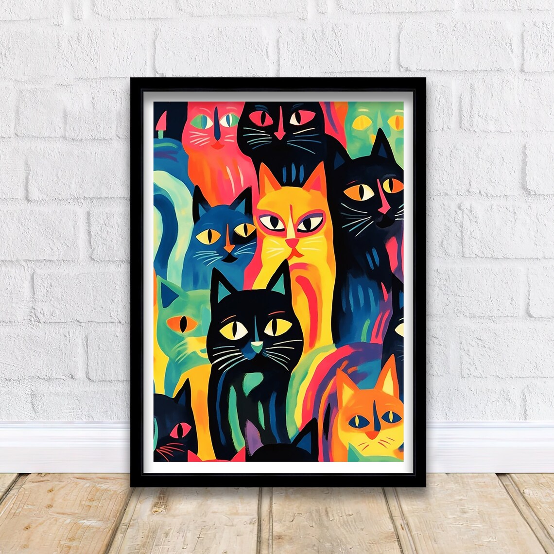 Neon Bright Cat Faces Collage in Vivid Feline Pop Art Poster