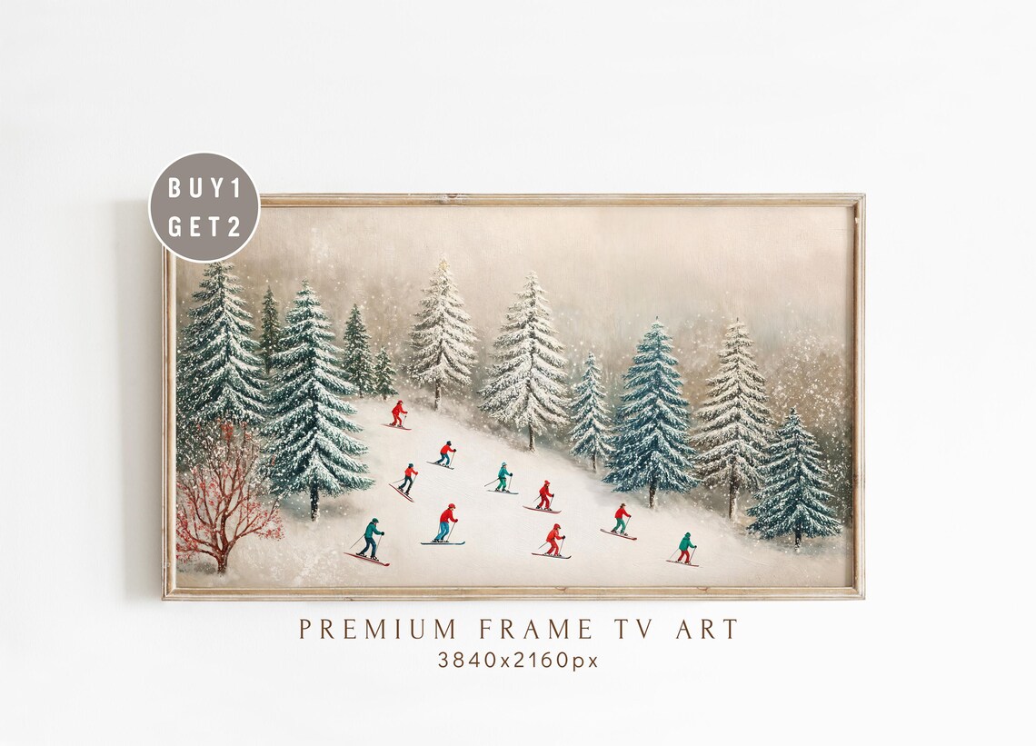 Tiny Skiers In Snowy Pine Forest Winter Wonderland Whimsical Holiday Poster