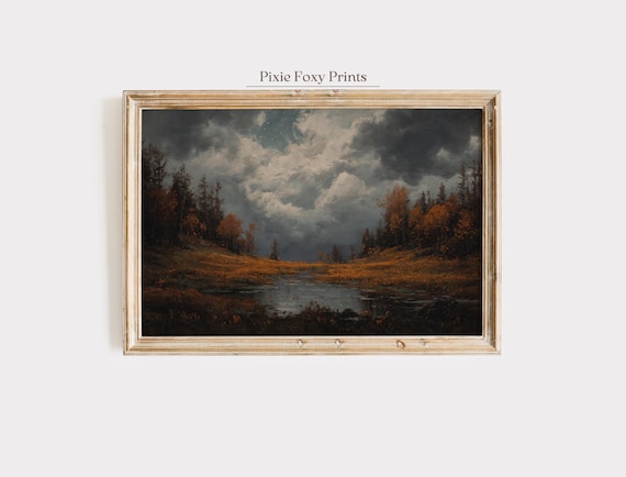 Moody Autumn Lake Stormy Sky Dark Forest Landscape Art Poster