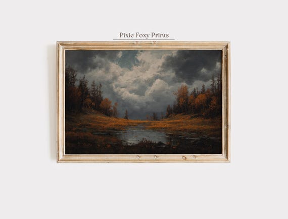 Moody Autumn Landscape Wall Art Print Dark Stormy Sky Over Forest Lake Gothic Fall Decor Dramatic Seasonal Artwork Poster