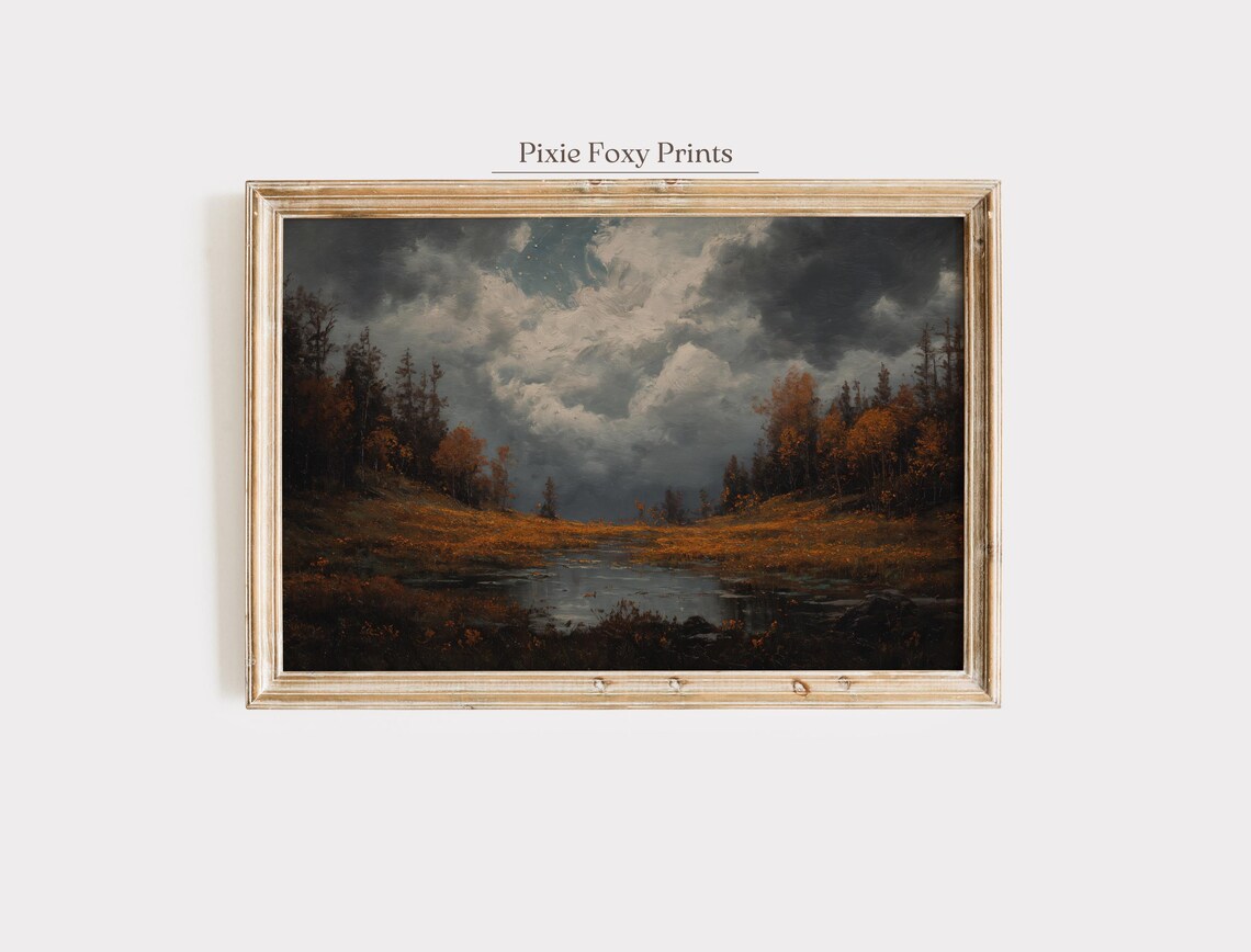 Moody Autumn Lake Stormy Sky Dark Forest Landscape Art Poster