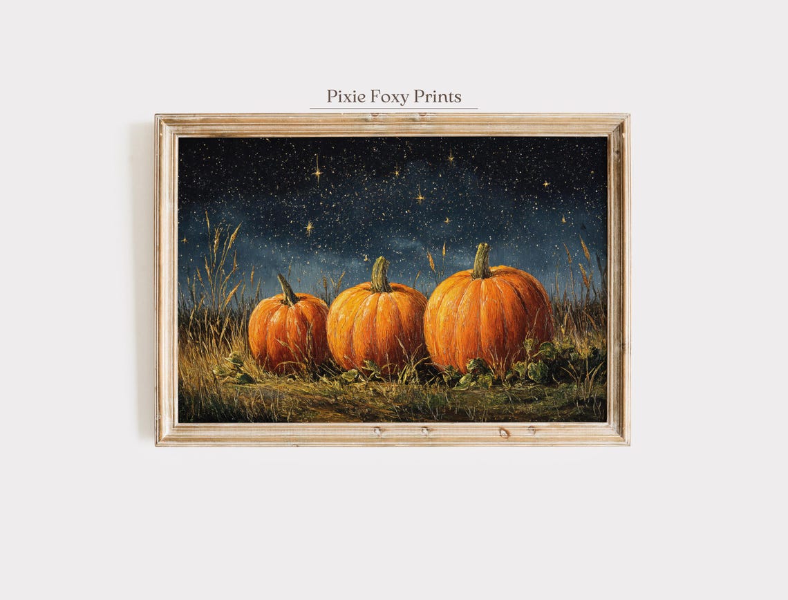 Three Pumpkins Starry Night Sky Rustic Autumn Harvest Poster