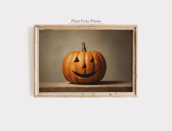 Smiling Jack O Lantern Pumpkin Print Vintage Halloween Wall Art Rustic Fall Decor Classic Painting Autumn