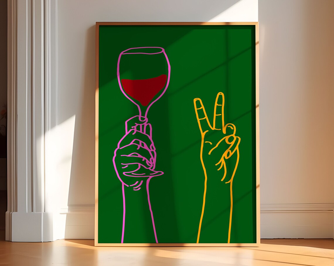Wine Glass Peace Sign Hands Wall Art Modern Line Art Green Pop Decor