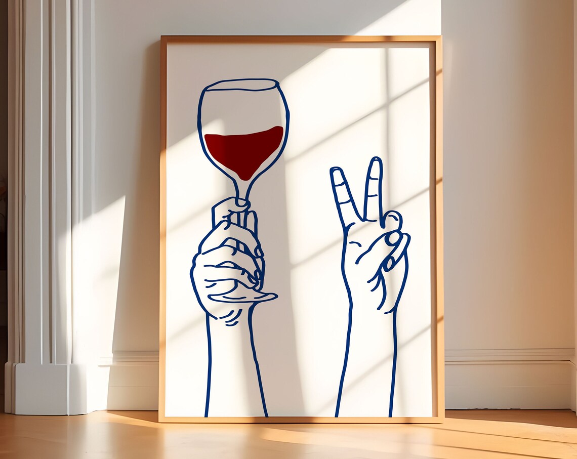 Wine Glass And Peace Sign Hands Navy Line Art Kitchen Poster