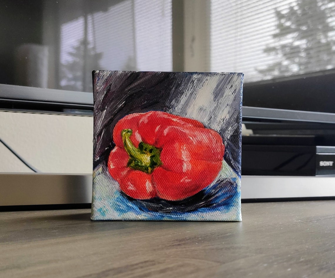 Glossy Red Bell Pepper Oil Painting Dark Background Kitchen Poster - Image 4