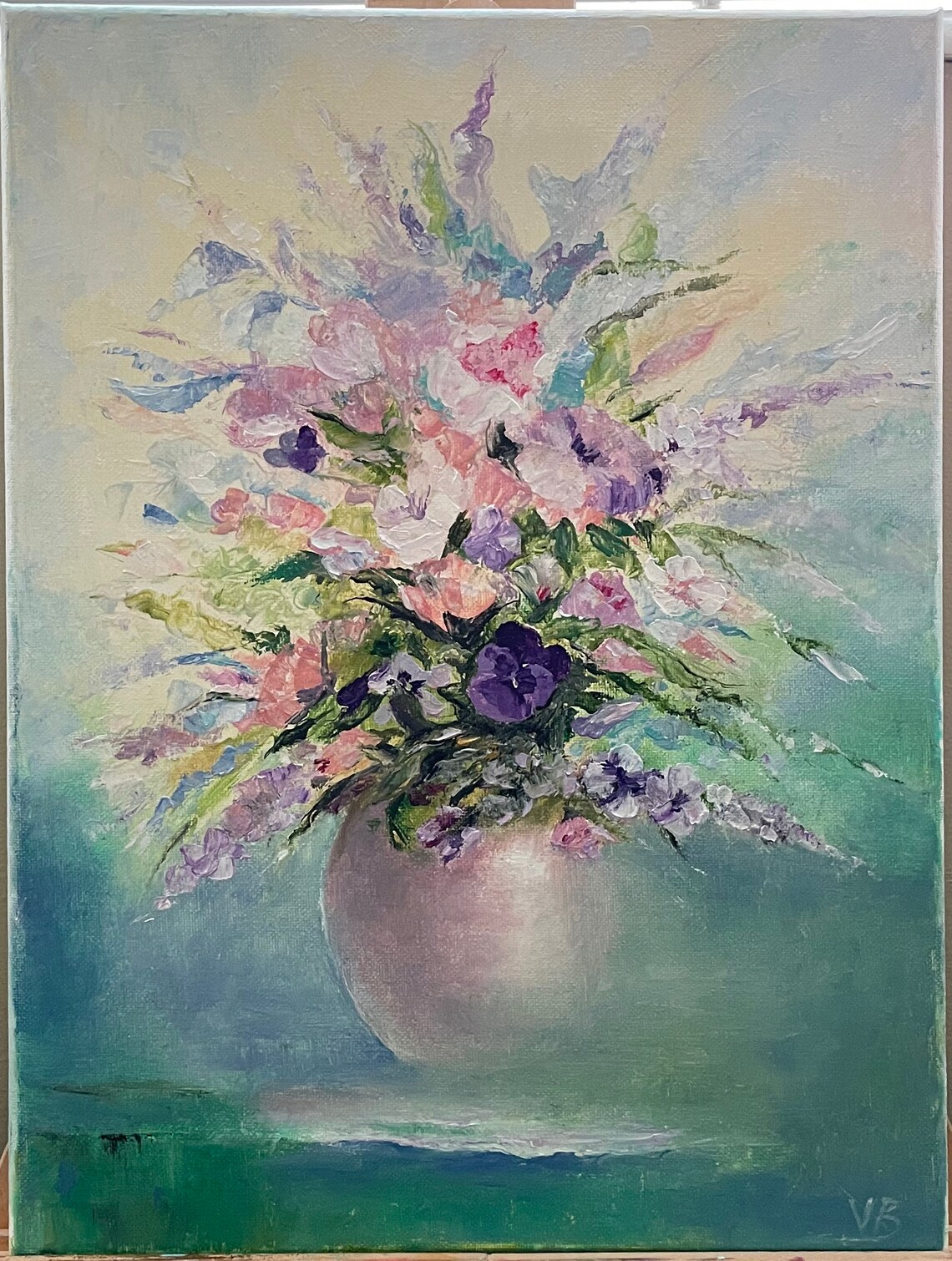Pastel Purple Pink Bouquet Vase Soft Floral Oil Painting Wall Art - Image 2
