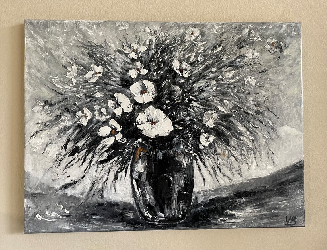 White Wildflowers Bouquet Dark Vase Monochrome Oil Painting Wall Art - Image 2