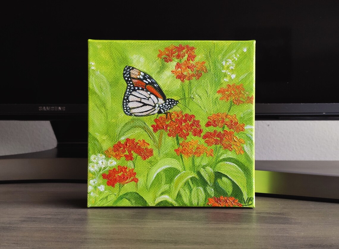 Monarch Butterfly Red Milkweed Flowers Original Oil Painting Wall Art - Image 3