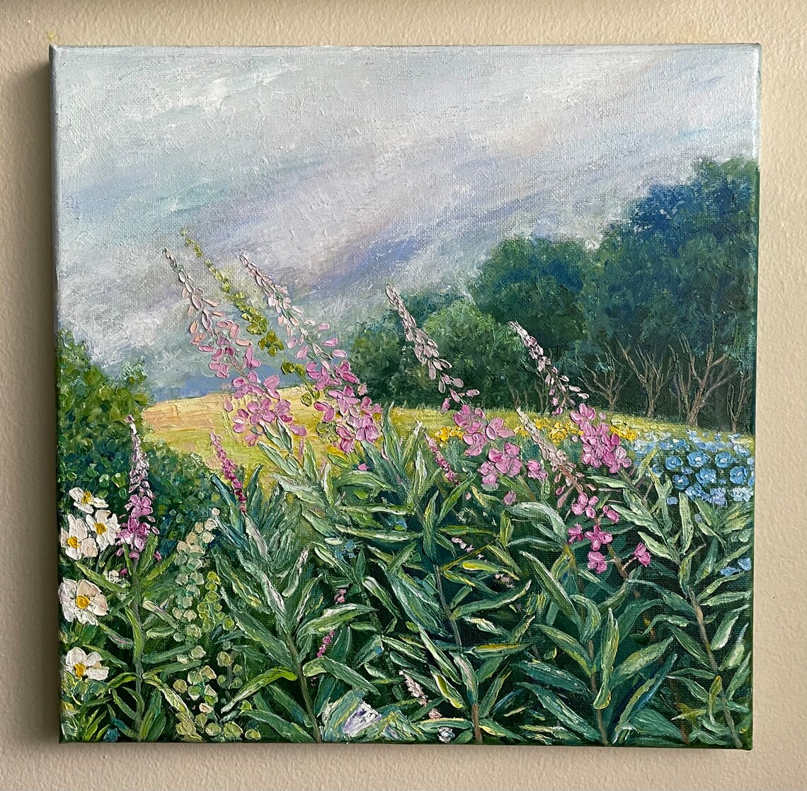 Pink Fireweed Meadow Blue Sky Summer Floral Landscape Painting Art - Image 2