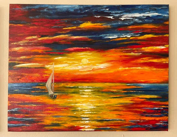 Sunset Seascape Sailboat Original Handmade Oil Painting On Bright Tropical Sunset Painting One Of A Kind Gift