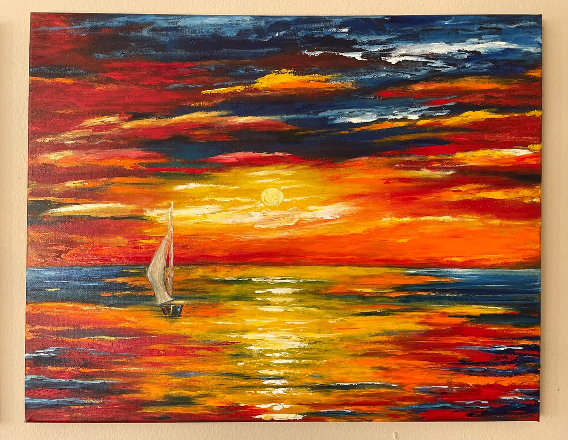 Sailboat On Blazing Red Ocean Sunset Golden Sun Nautical Art Poster