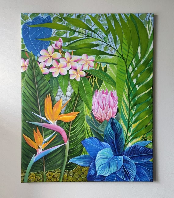 Exotic Tropical Flowers Original Handmade Oil Painting On Large 28x22 Hawaiian Tropical Plants Leaves Wall Art One Of A Kind Gift