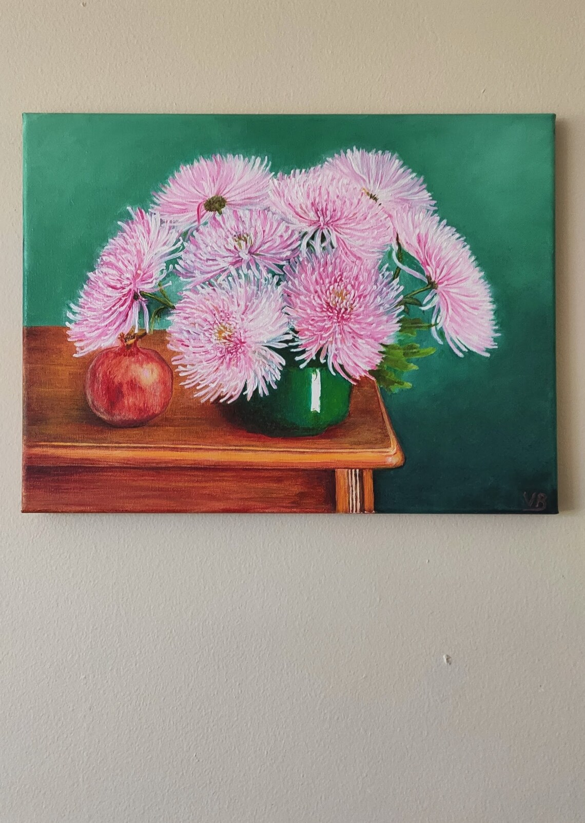 Pink Chrysanthemums In Green Vase Wooden Table Still Life Poster - Image 2
