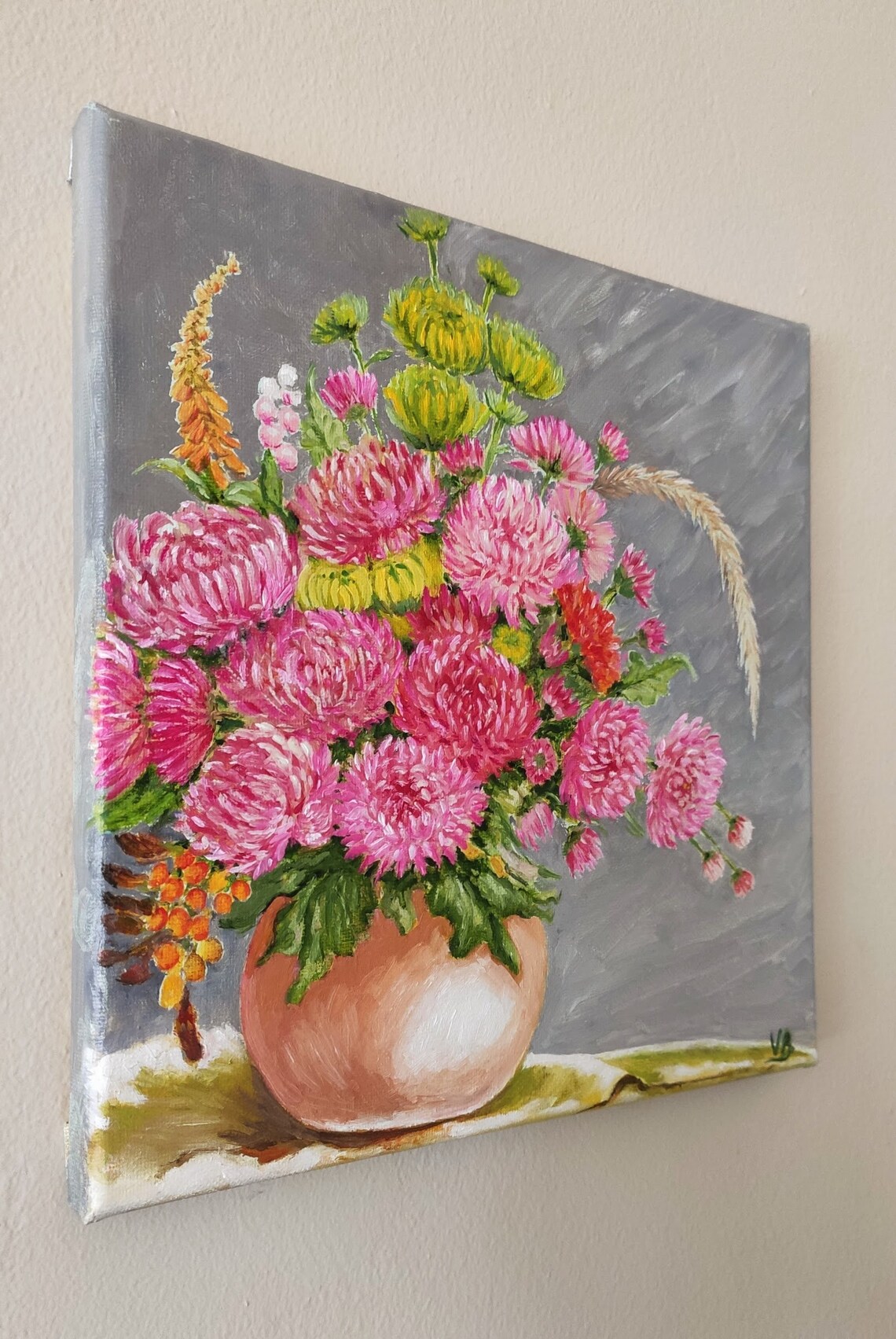 Pink Chrysanthemums Bouquet Vase Fall Floral Oil Painting Wall Art - Image 3