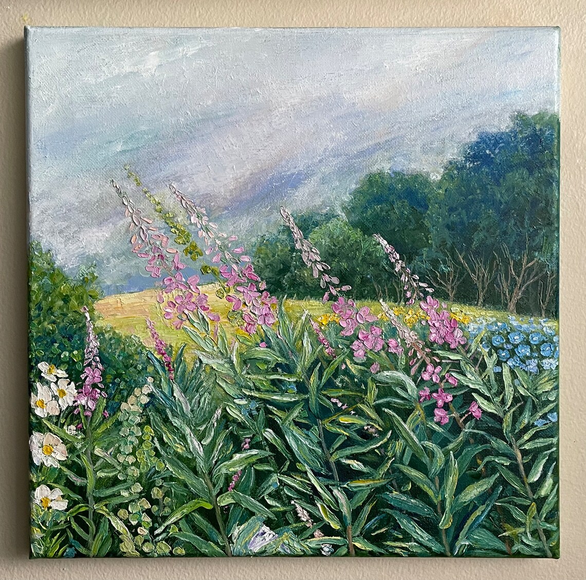 Pink Fireweed Meadow Blue Sky Summer Floral Landscape Painting Art - Image 3