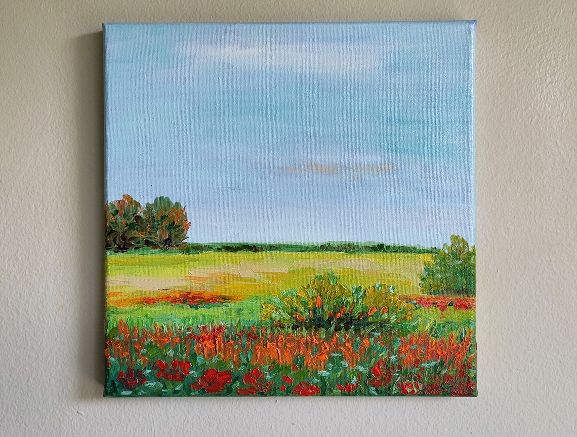 Red Poppy Wildflower Meadow Big Sky Summer Impasto Landscape Poster - Image 4