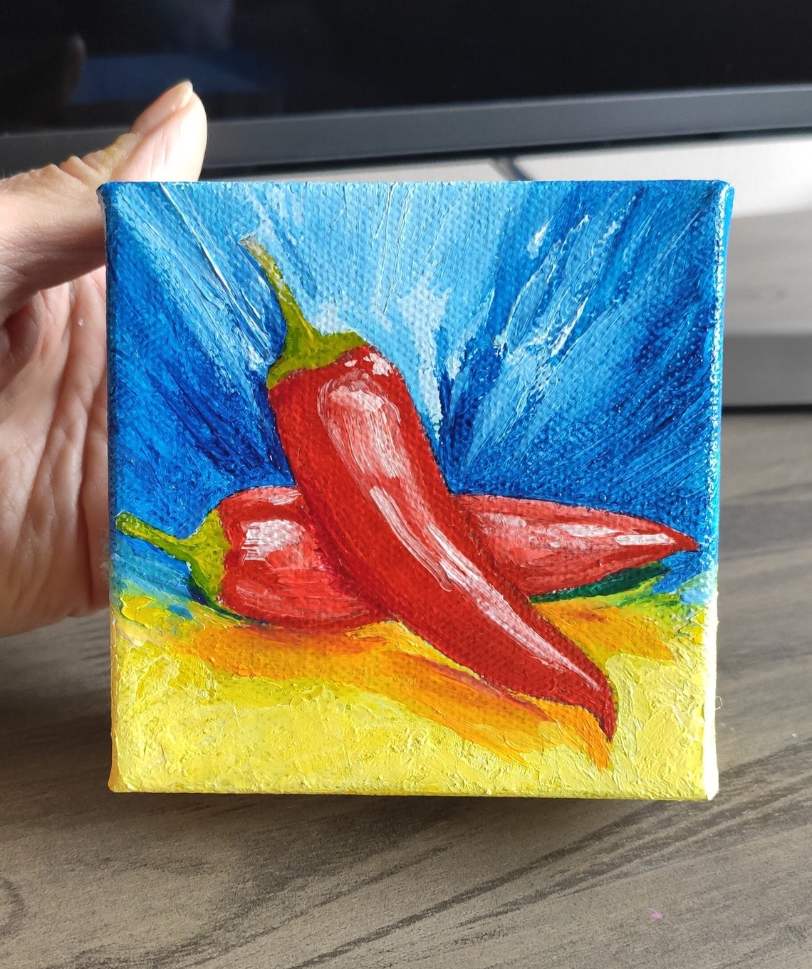 Red Chili Peppers Blue And Yellow Background Kitchen Art Poster - Image 2