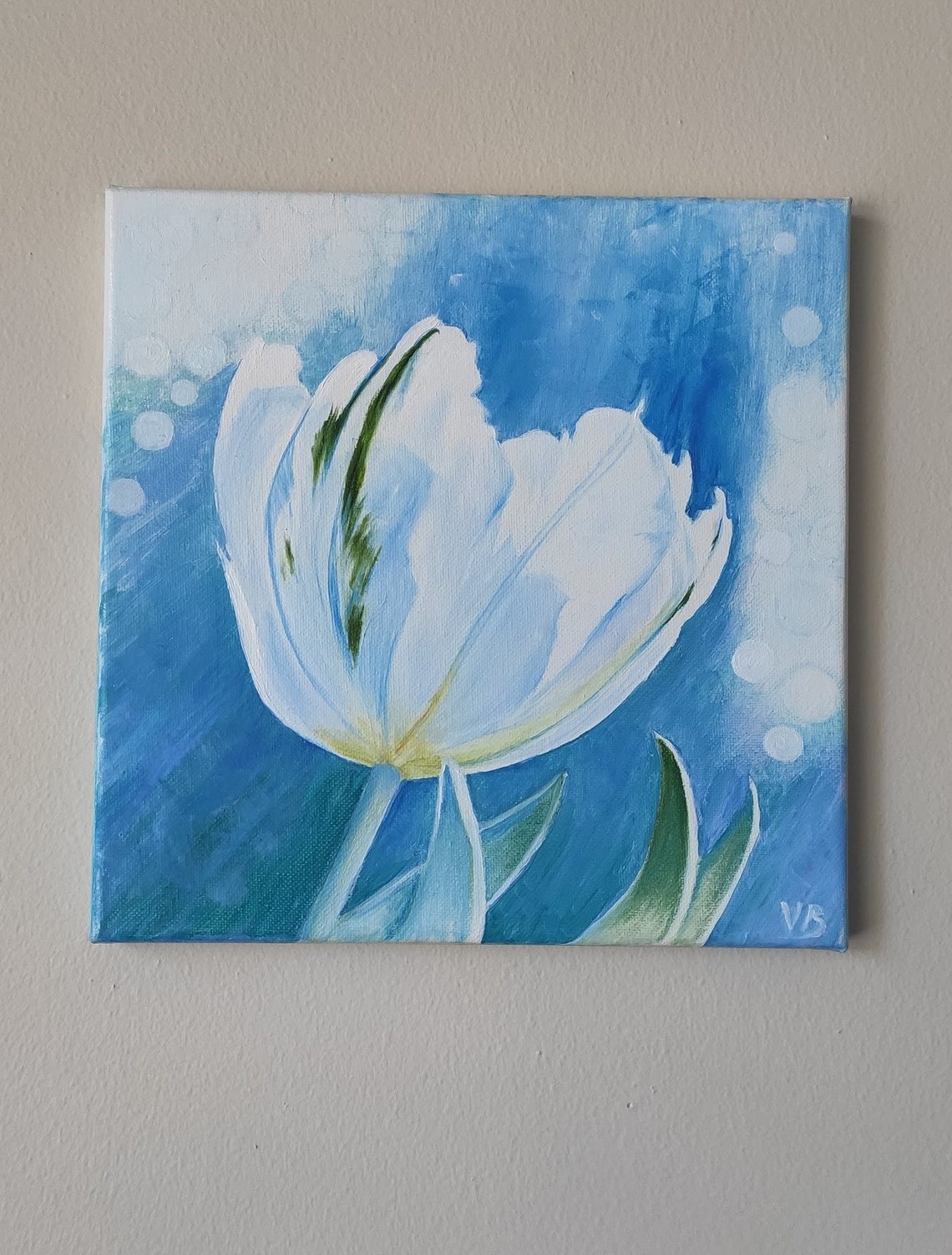 White Tulip Blue Background Spring Bloom Floral Oil Painting Wall Art - Image 2