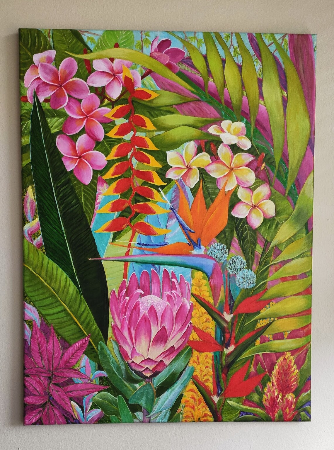 Hawaiian Tropical Flowers Plumeria Bird Of Paradise Oil Painting Art - Image 4