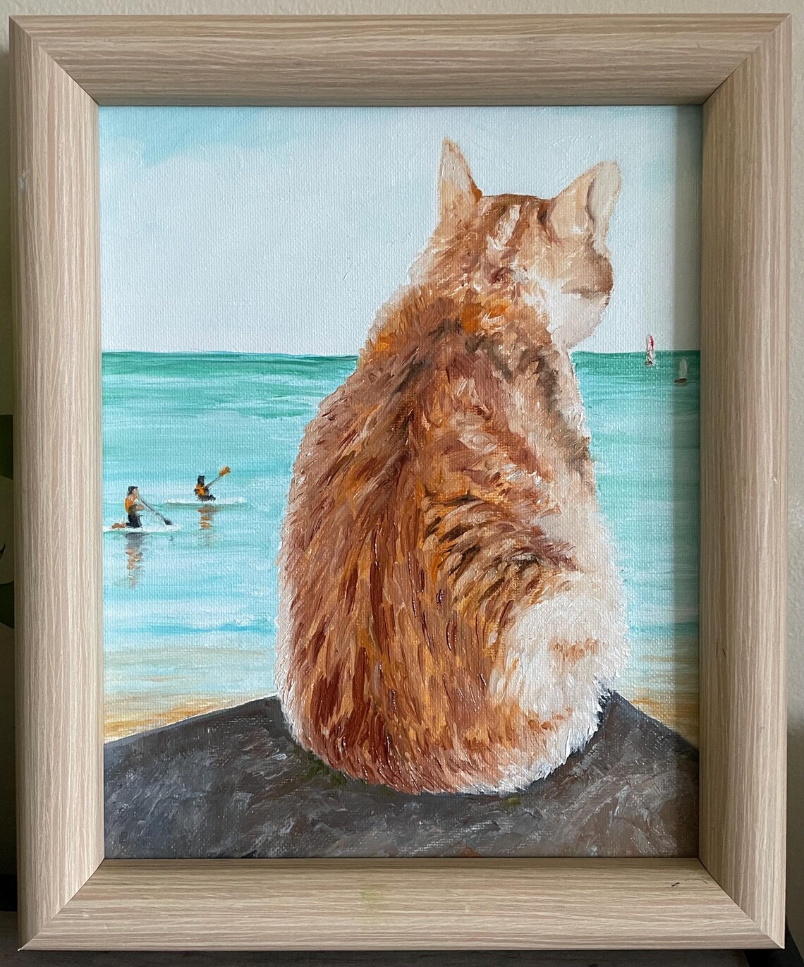 Orange Cat Watching Ocean Sailboats Seaside Oil Painting Animal Art - Image 2