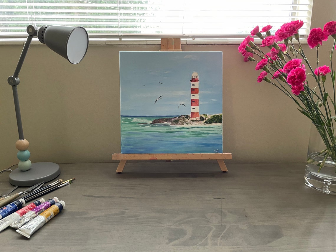 Red White Lighthouse Seaside Seagulls Ocean Nautical Painting Poster - Image 3
