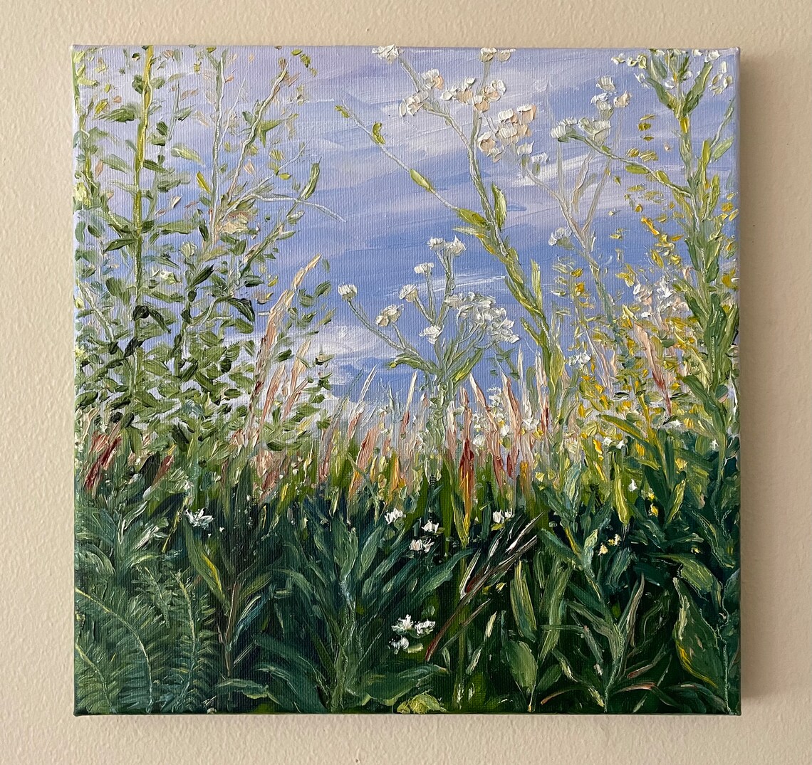 Lush Wild Grasses Flowers Blue Sky Summer Meadow Oil Painting Wall Art - Image 2