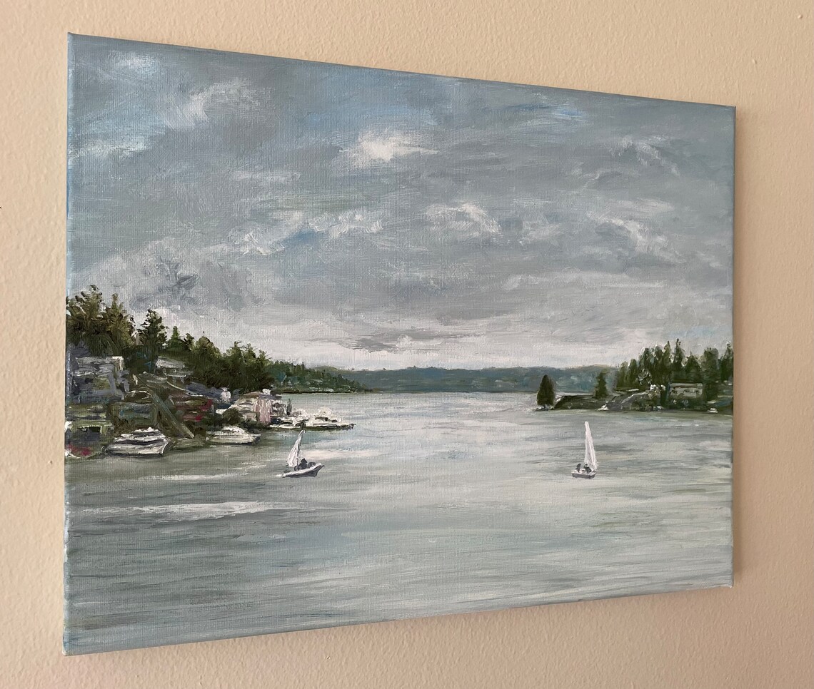 Misty Lake Sailboats Gray Day Pacific Northwest Water Oil Painting Art - Image 3