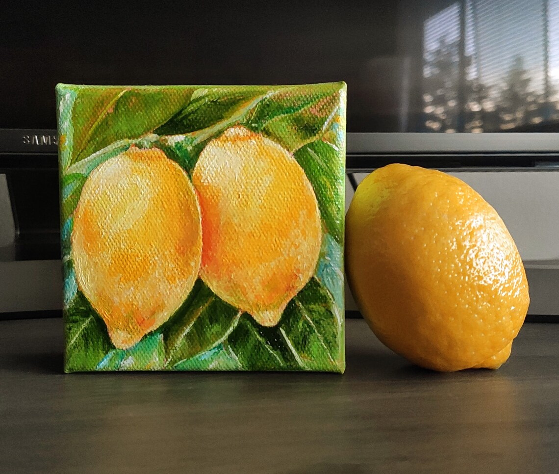 Fresh Lemons Citrus Kitchen Still Life Bright Fruit Oil Painting Art - Image 2