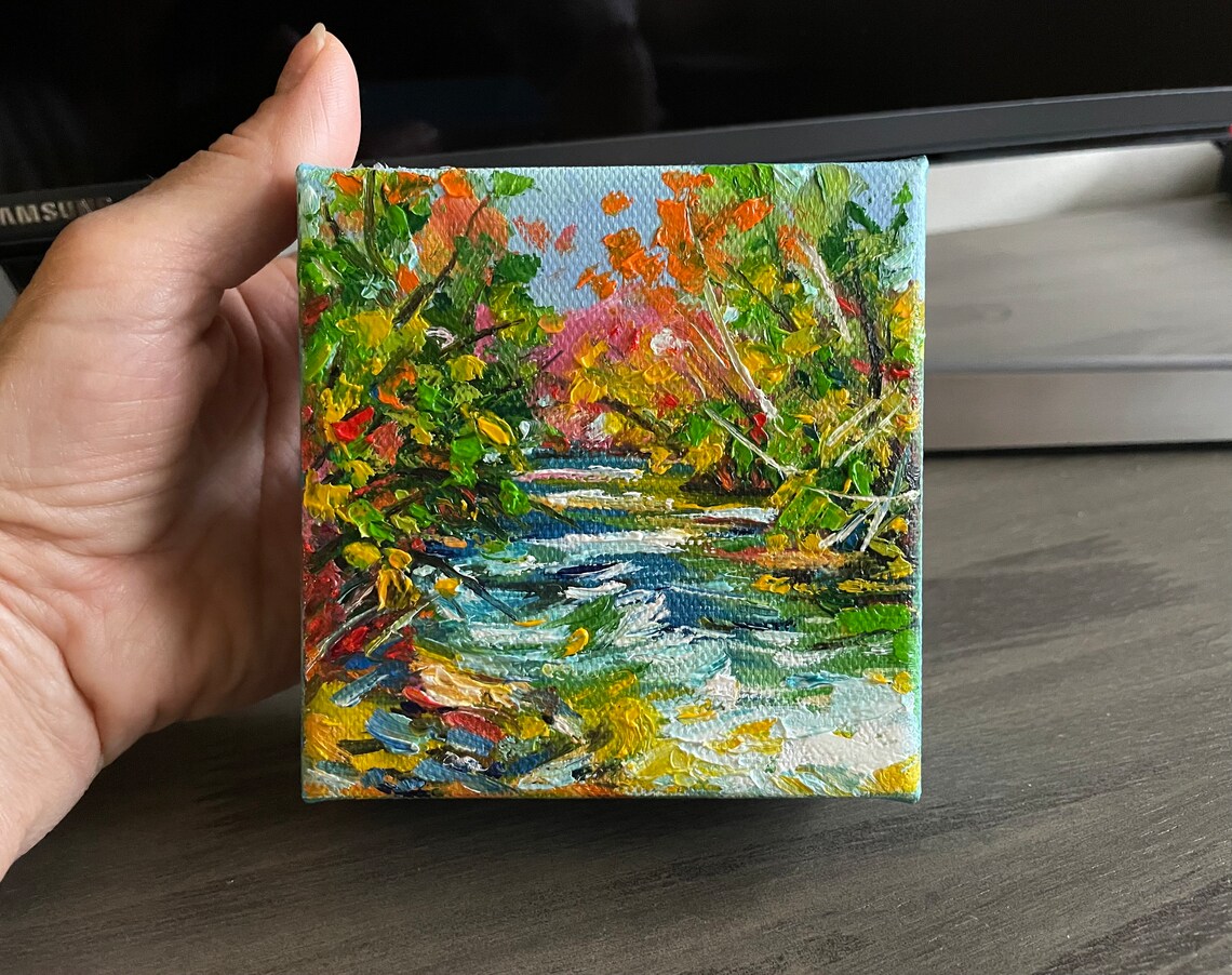 Autumn River Flowing Through Fall Foliage Original Oil Painting Wall Art - Image 2