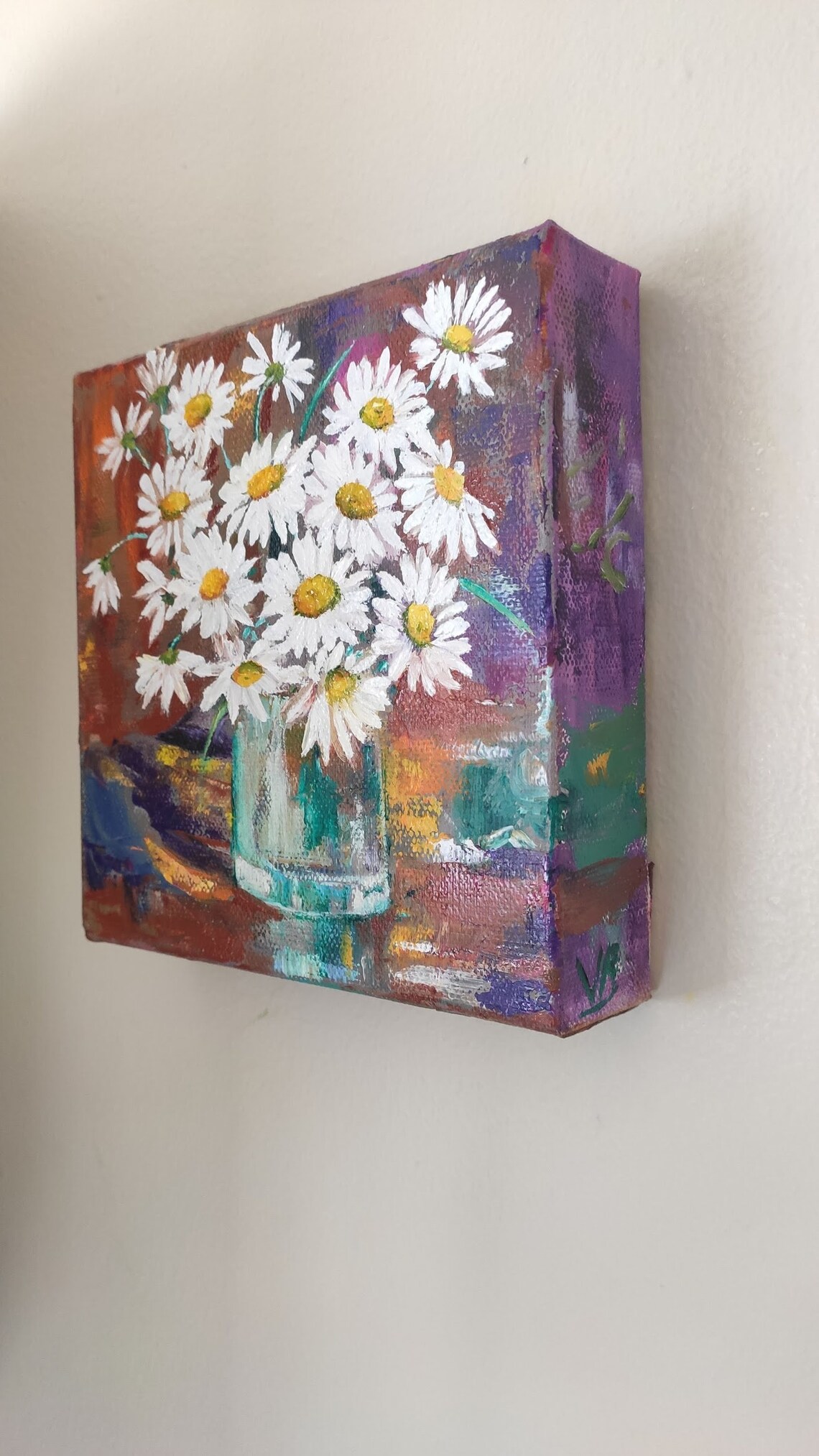 White Daisies Glass Vase Bouquet Colorful Floral Oil Painting Wall Art - Image 2