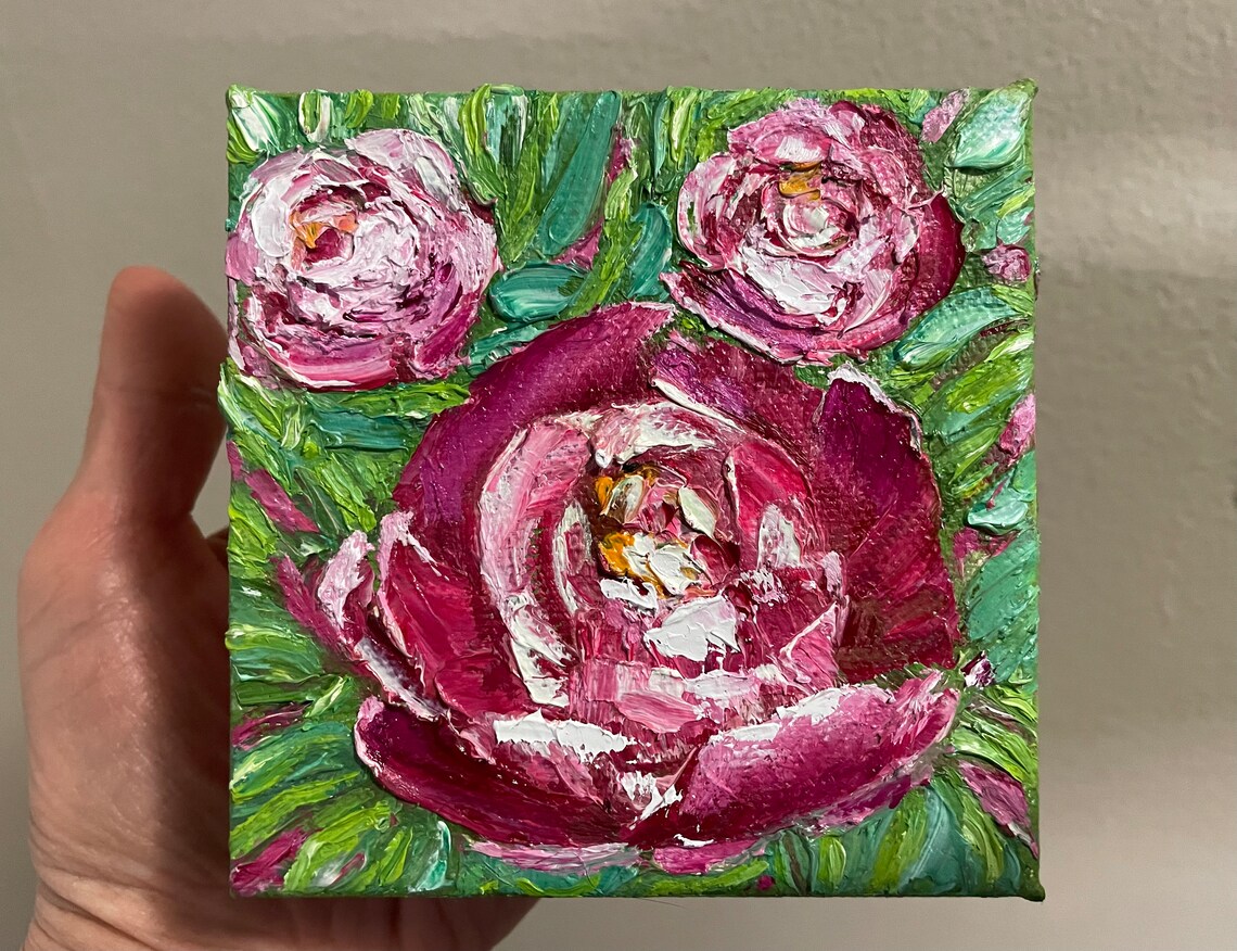 Pink Peony Bloom Trio Impasto Palette Knife Floral Oil Painting Art - Image 2