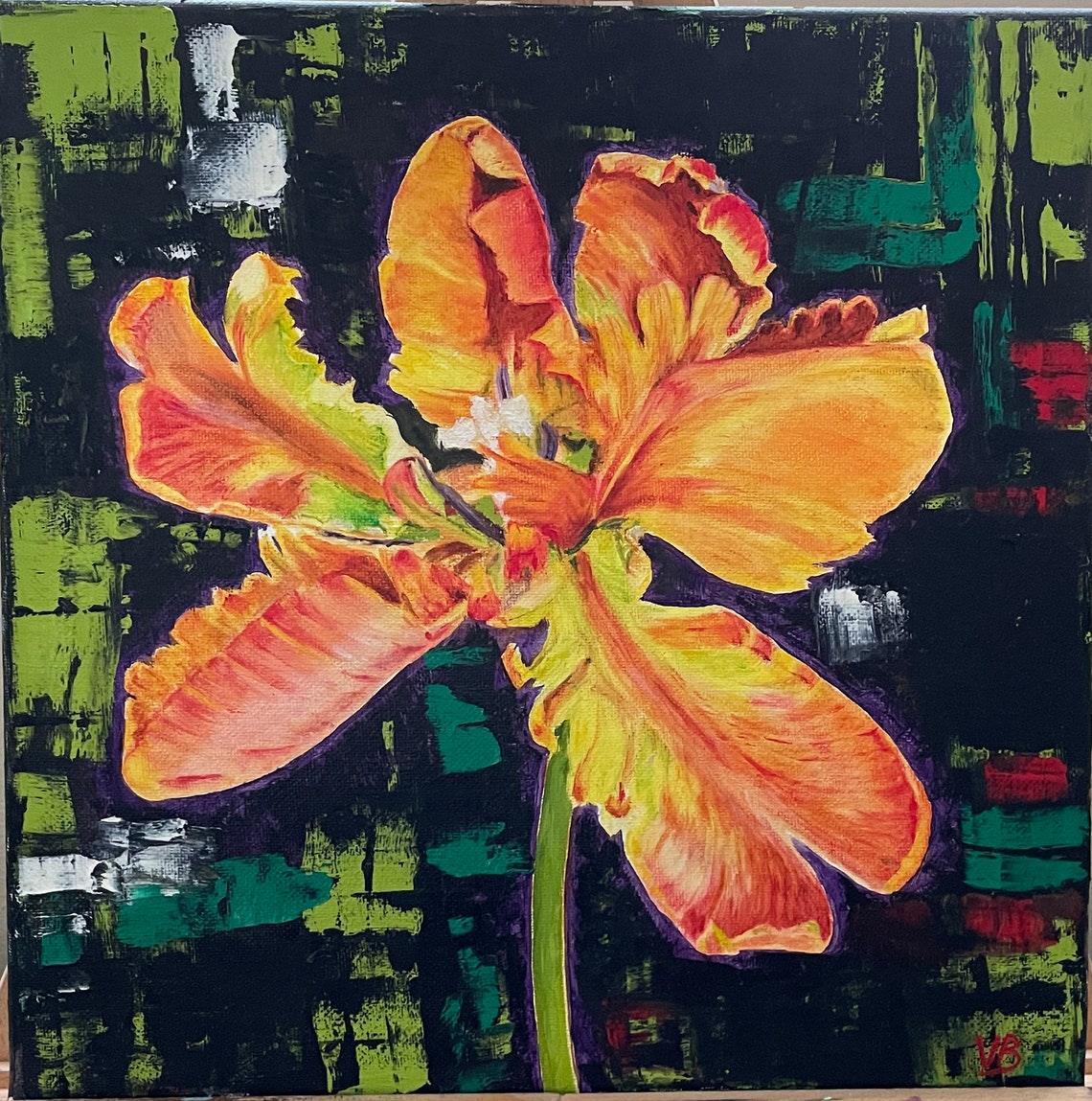 Orange Parrot Tulip Abstract Dark Background Bold Floral Oil Wall Art
